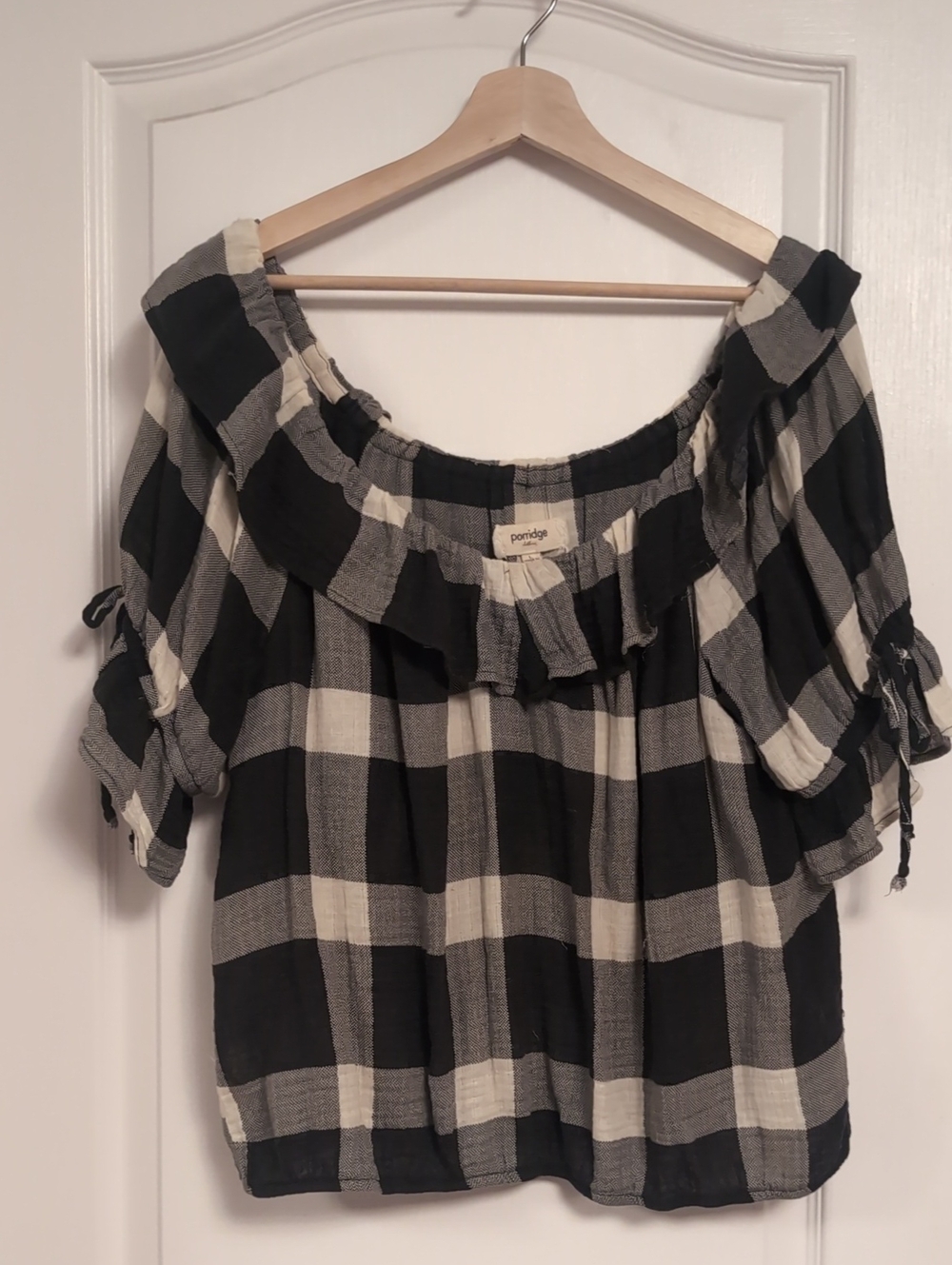 Porridge by Anthropologie Black & White Plaid Off-Shoulder Blouse